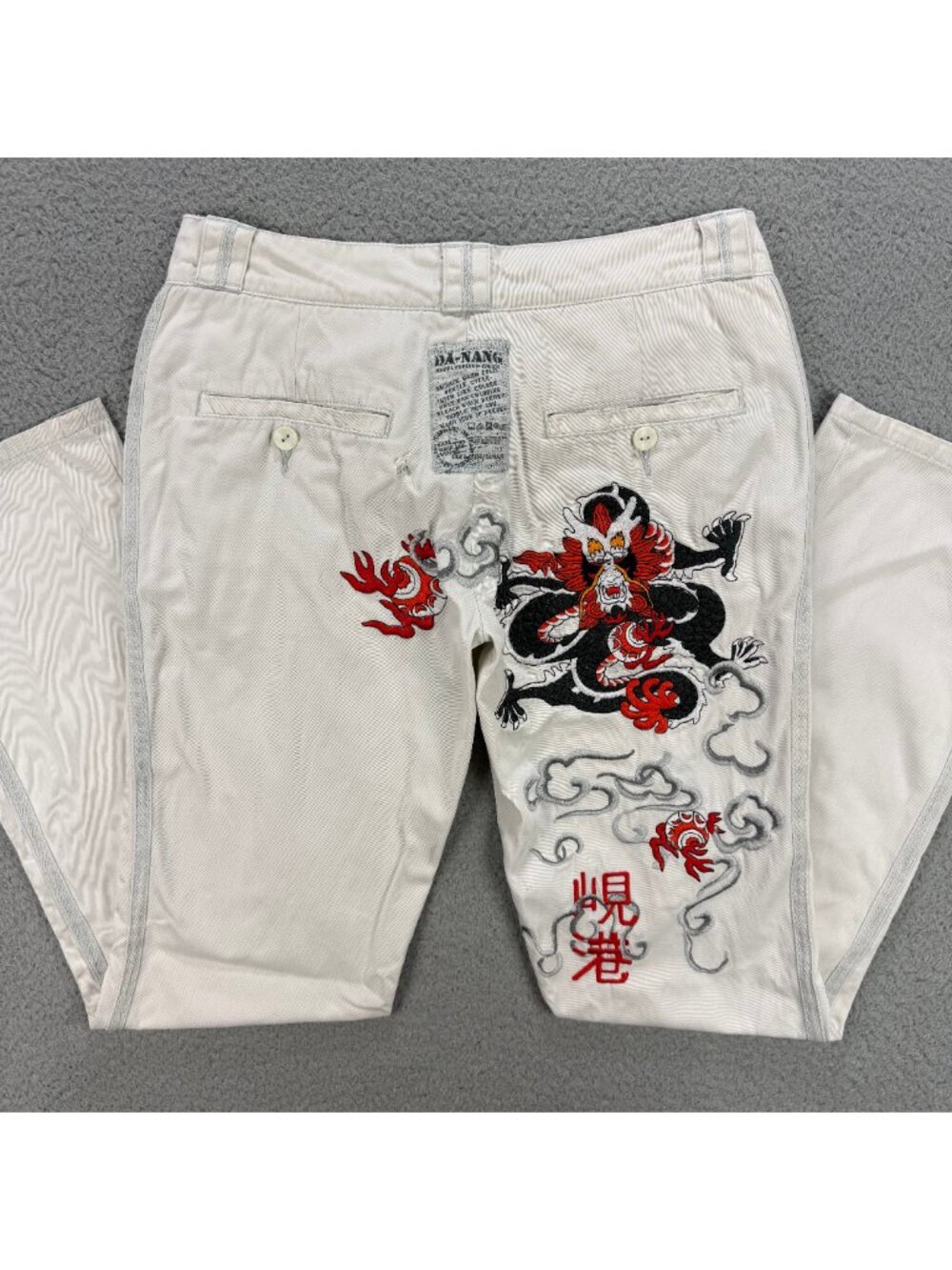 Da Nang Pants Womens Extra Small XS Beige Embroidered Dragon Chinos Vintage Y2K